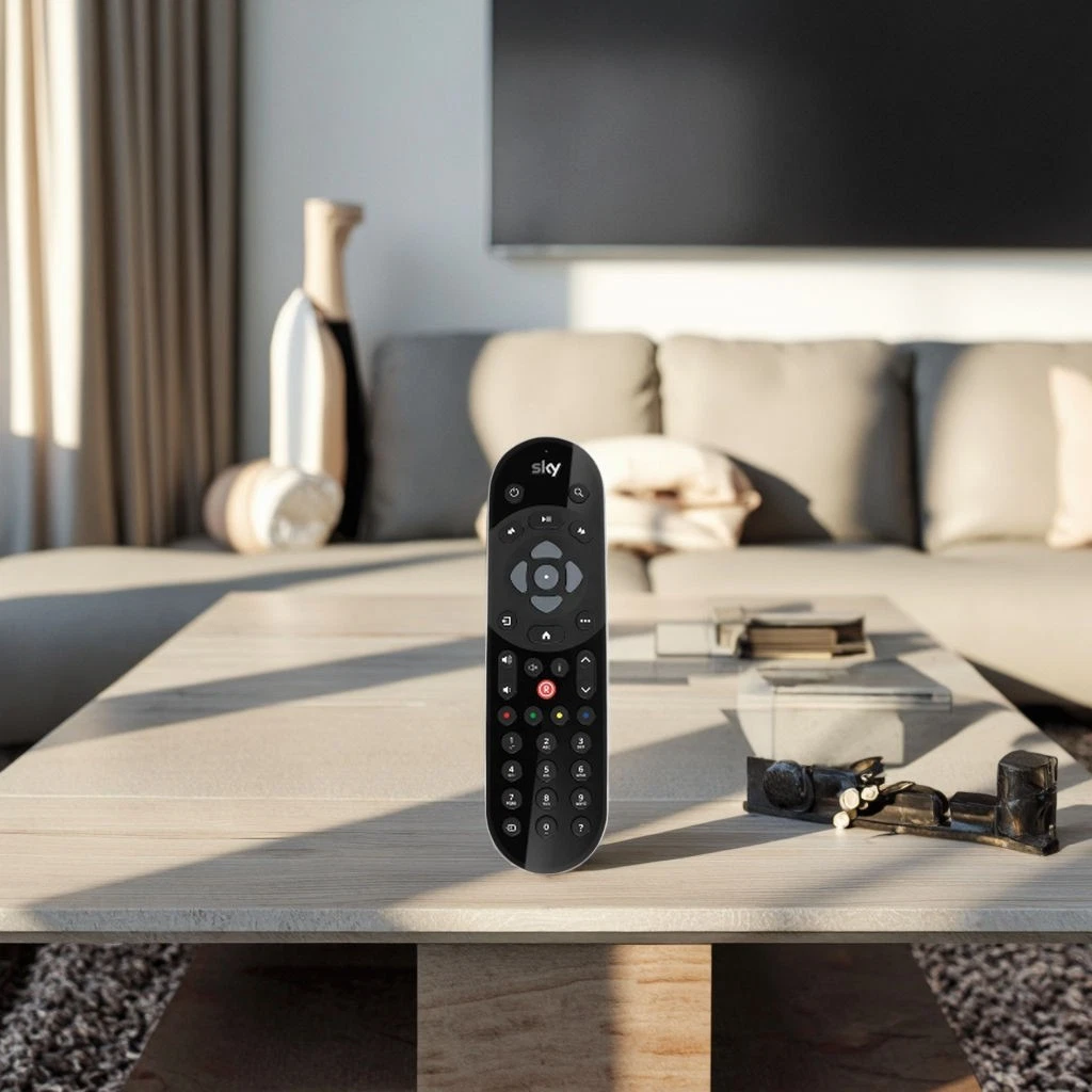 Sky Q replacement remote control displayed in a living room