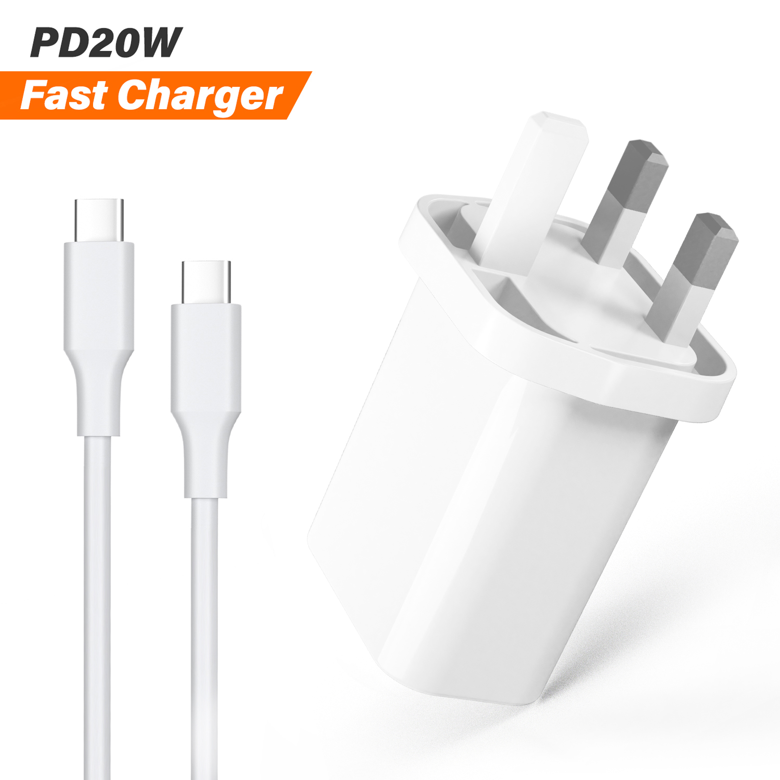 White 20W USB-C UK fast charger with USB-C cable